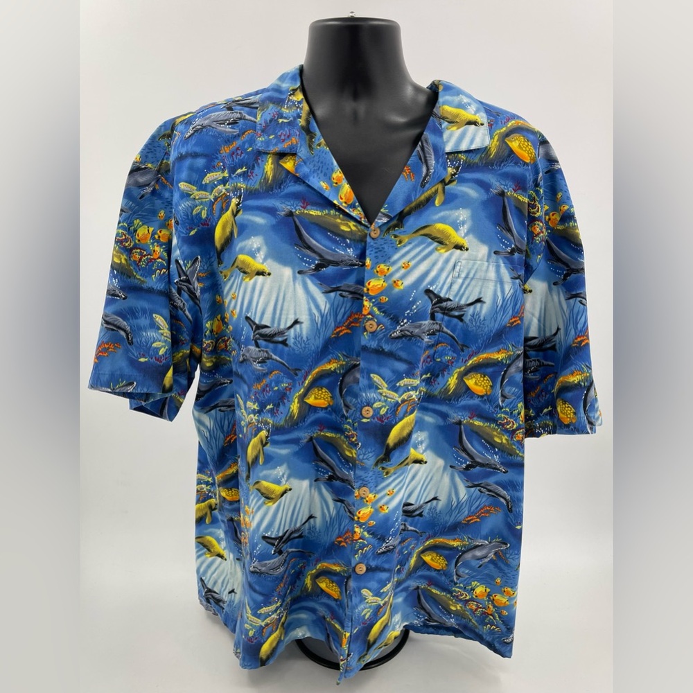 Paradise Found Hawaiian Shirt Rayon Blue w/‎ Marine Animals Whales Men's 3XL